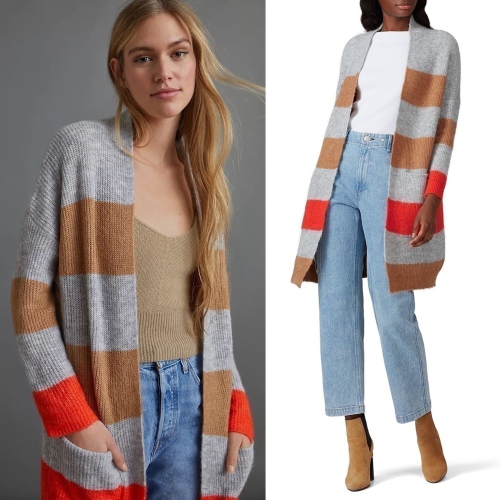 SITA MURT Sweater Colorblock Fall Striped Alpaca/Wool Open Front Cardigan Duster